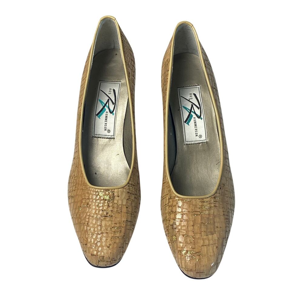 Ros Hommerson Tan Gold Accent Wooden Pattern Leather Pumps Women's 7.5